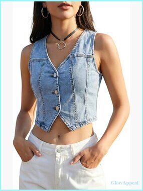 Womens Denim Vest Top Cropped Sleeveless V Neck Button Down Jean Vest